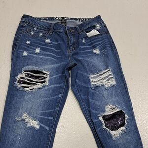 Womens Rewash Blue Distressed Jeans With Purple Sequins
